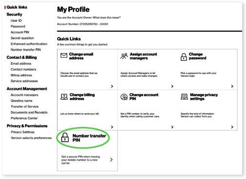 Find your previous account number under Quick Links, Number transfer PIN,